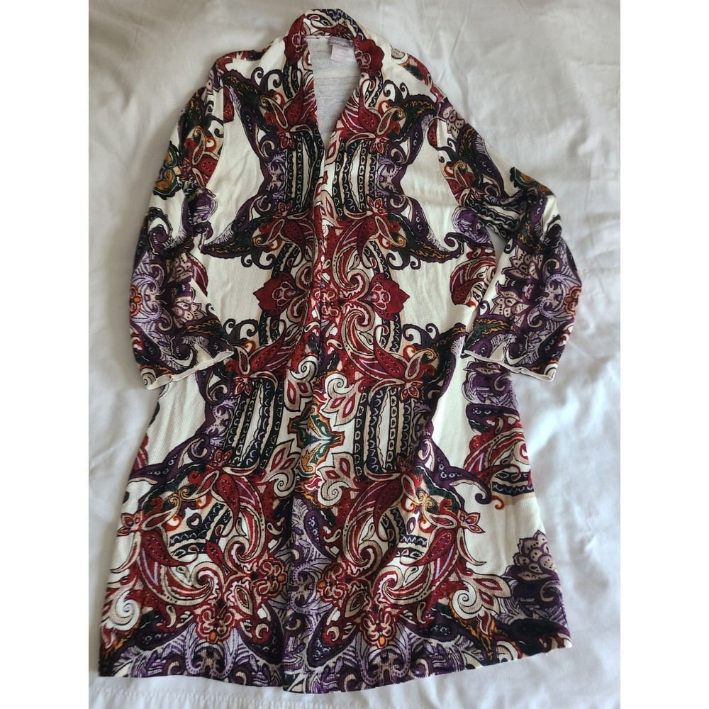 Chicos Paisley Open Front Cardigan Sweater Size 2 Petite Long Sleeve Long